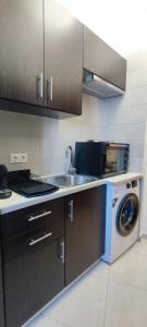 a kitchen with a sink and a washing machine at Archangelos SKY Junior Apartment in Archangelos