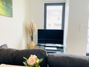 a living room with a couch and a television at Luxury New Flat with Terrace & Parking-BEG1 in Luxembourg