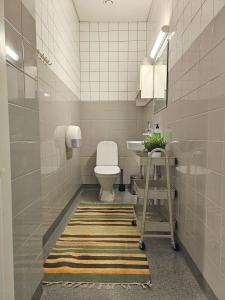 a bathroom with a toilet and a sink and a rug at Hostel Bjorkenheim in Seinäjoki
