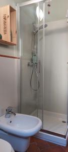 een badkamer met een douche, een toilet en een wastafel bij Casa Vacanza Nonno Gigi in Mandello del Lario