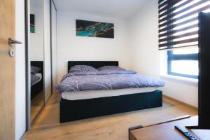 a bedroom with a bed and a mirror at Apartmán Banská Bystrica centrum in Banská Bystrica