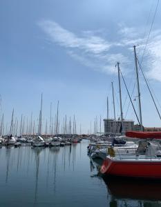 シント・アナラントにあるLuxe Chalet De Bosrand Dichtbij Zeeの港にたくさんの船が停泊している