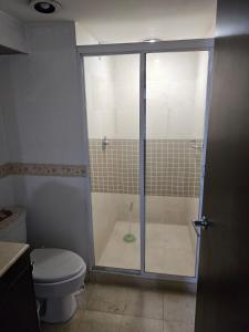 a bathroom with a shower with a toilet and a glass door at Departamento Céntrico CDMX in Mexico City