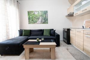 a living room with a black couch and a table at Unique Modern Apartment in Alexandroupoli