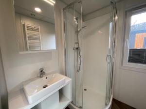 a bathroom with a sink and a shower at Holiday Home Tiny Haus Anellie by Interhome in Riedenburg