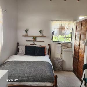 Un dormitorio con una cama con almohadas negras y una ventana en Grand Vue Apartment Vieux Fort, en Vieux Fort