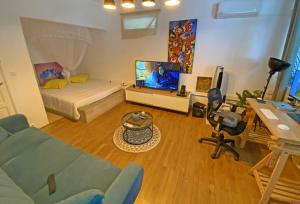 uma sala de estar com uma cama e uma televisão em City Side-Idéal professionnels climatisé-Tout équipé em Fort-de-France