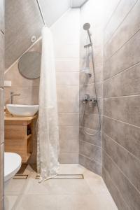 ein Bad mit einer Dusche und einem Waschbecken in der Unterkunft Old Town Apartment Antokolskio in Vilnius