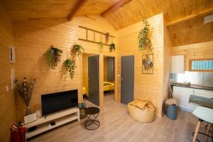 a living room with wooden walls and a flat screen tv at Chalet d'Aroeira in Corroios