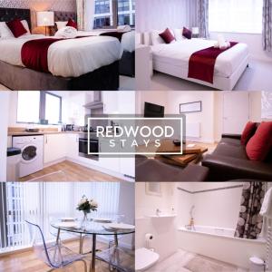 ベージングストークにあるFestival Place, Modern Town Center Apartment, Perfect for Contractors & Families, FREE Parking & WiFi by REDWOOD STAYSの赤木の宿泊を伴うホテルの部屋の写真のコラージュ