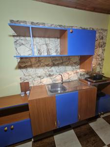 cocina con fregadero y pared de piedra en Voga Guesthouse en Krujë