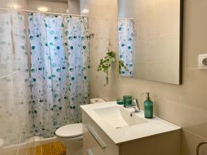 ein Bad mit einem Waschbecken, einem WC und einer Dusche in der Unterkunft VISTA PLAZA - Exceptional Location in Los Llanos de Aridane
