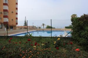 a swimming pool with flowers in front of a building at Apartamento frente al mar in Torrox Costa