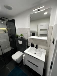 W łazience znajduje się umywalka, toaleta i lustro. w obiekcie Katarína w Kieżmarku