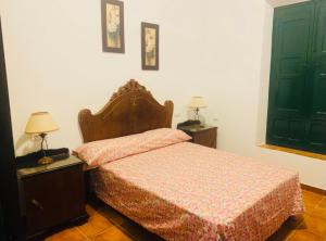 - une chambre avec un lit, deux lampes et une porte verte dans l'établissement Los Alcores , disfruta de la naturaleza !, à Villalba del Alcor 14 autres photos