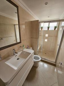 y baño con lavabo, aseo y ducha. en Chez Paul Luxury House with Pool & Solar, en Johannesburgo