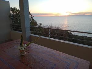 - une table avec un vase de fleurs sur le balcon donnant sur l'océan dans l'établissement Camera con uso piscina vista mare, à Terra Mala