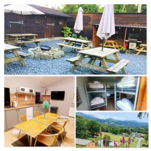 a collage of pictures of a picnic table and a kitchen at Private Room at Torrent Walk Bunkhouse in Snowdonia in Dolgellau