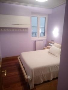 um quarto com uma cama branca e 2 janelas em Céntrica, espaciosa y cómoda em Getaria