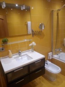 a bathroom with a sink and a toilet and a mirror at Céntrica, espaciosa y cómoda in Getaria