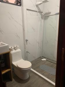 a white bathroom with a toilet and a shower at Studio 2327 in Pénjamo