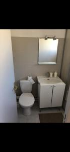 uma casa de banho com um WC, um lavatório e um espelho. em Studio Saint Cyr sur mer em Saint-Cyr-sur-Mer