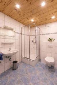 a bathroom with a shower and a toilet and a sink at Haus Vogl in Berchtesgaden