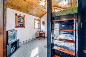 a tiny house with a bunk bed and a tv at 1 Mi to Beech Mtn Skiing: Family Cabin w/ Fire Pit in Beech Mountain