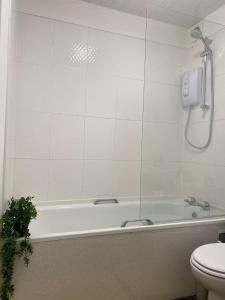 a bathroom with a bath tub and a toilet at East Coast City Centre Dunfermline Apartment in Fife