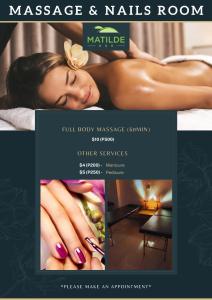 a flyer for a massage and nails room with a woman at Matilde B&B - La Paz, Carmen in Carmen