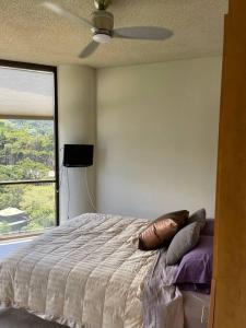 a bedroom with a bed with a ceiling fan and a window at Honolulu Minimum 30-Nite Rental 3 bed room 2 parking in Honolulu