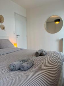 2 asciugamani su un letto in una camera da letto di Les Terrasses de Saint Martin a Rennes