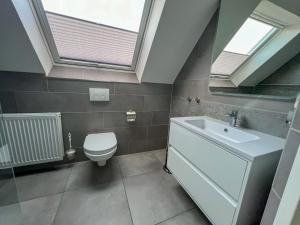 a bathroom with a toilet and a sink at Huus am Meer in Norddeich