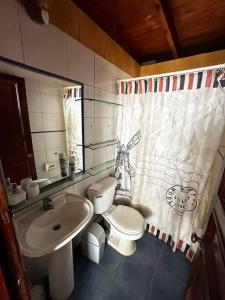 a bathroom with a sink and a toilet and a shower curtain at Hermosa casa en Algarrobo in San Antonio