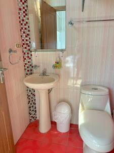 a small bathroom with a sink and a toilet at Tres dormitorios sector Wyndham y la Quadra in Manta