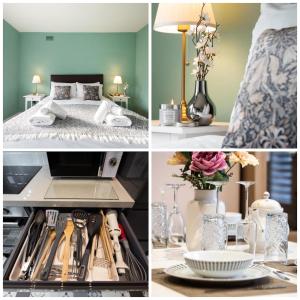 a collage of photos of a bedroom and a bed at A Stylish Gem with King Beds - WiFi & Parking in London