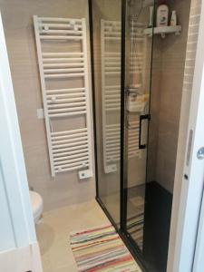 uma casa de banho com uma cabina de duche e um WC. em Logement+parking proche métro - total autonome em Villejuif