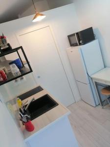 una pequeña cocina con fregadero y nevera. en Logement+parking proche métro - total autonome en Villejuif