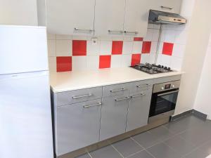 eine Küche mit weißen Schränken und roten und weißen Fliesen in der Unterkunft NOUVEAU Appartement T2 meublé classé, secteur petite Provence in Amélie-les-Bains-Palalda