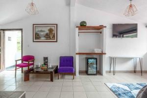 a living room with purple chairs and a fireplace at Hosteria Pampallacta in Papallacta