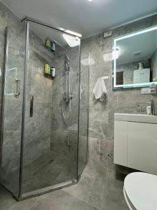 uma casa de banho com um chuveiro e um WC. em PRZYSTANEK KATOWICE Aleja Korfantego 8 em Katowice