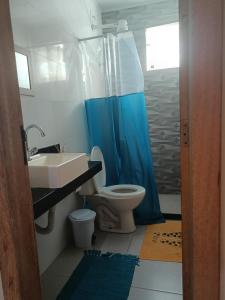 a bathroom with a toilet and a blue shower curtain at Apartamento para temporada in Vitória