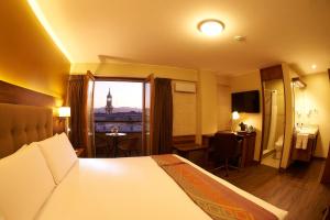 阿雷基帕的住宿－ARIQUEPAY HOTEL，酒店客房享有城市美景,配有一张床。