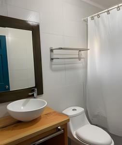 y baño con lavabo, aseo y espejo. en Casa Rural con opción de tina temperada, en Puerto Varas