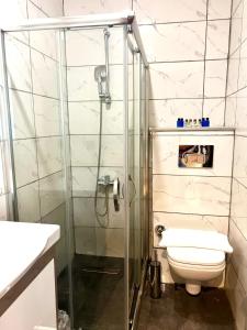 a bathroom with a glass shower and a toilet at Besiktas KonukEvi in Istanbul
