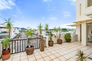 a balcony with palm trees and a view of a city at Cairns City Apartments in Cairns