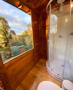 a bathroom with a shower and a large window at Huna Glamping in Guatavita