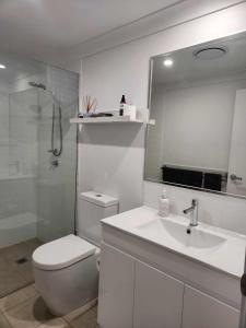 a bathroom with a toilet and a sink and a mirror at A quiet unit overlooking a reserve in Petrie