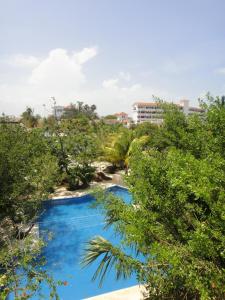 een blauw zwembad met bomen en een gebouw op de achtergrond bij Sotavento Hotel & Yacht Club in Cancun