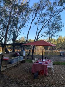 a picnic table with a red umbrella in a field at Tocumwal Chocolate School Glamping in Tocumwal
